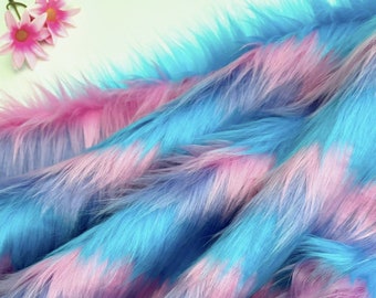 Bianna Tricolor Blue Pink Purple Striped Mohair Faux Fur Fabric Piece, 1.5" pile 3-tone, animal friendly, DIY Craft Supplies Square