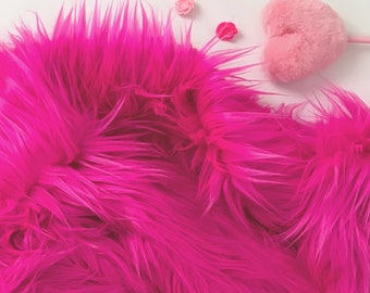 Bianna BRIGHT HOT PINK Long Pile Faux Fur Fabric, High Quality Shag Shaggy Material in Pieces, Squares for Crafts, Fursuit