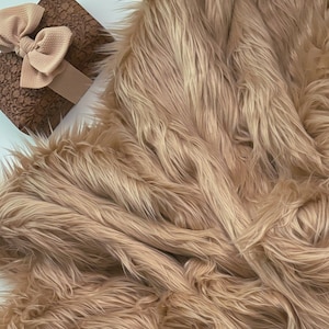 Bianna PEANUTBUTTER LIGHT BROWN Long Pile Faux Fur Fabric Shag Shaggy Material in Squares for Crafts Cosplay