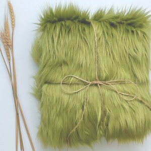 Bianna Quality OLIVE GREEN 2" Long Pile Faux Fur Fabric, Shag Shaggy Material in Pieces, Squares for Crafts, Fursuit Cosplay