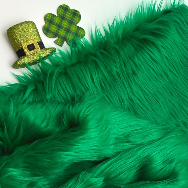 Bianna KELLY EMERALD GREEN Long Pile Faux Fur Fabric, Solid High Quality Shag Shaggy Material in Pieces, Squares for Crafts