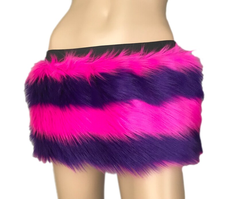 Bianna Cheshire Cat Skirt, Striped Faux Fur Rave Costume Accessory, Purple and Hot Pink or Blue and Gray mini-skirt micro-skirt image 3