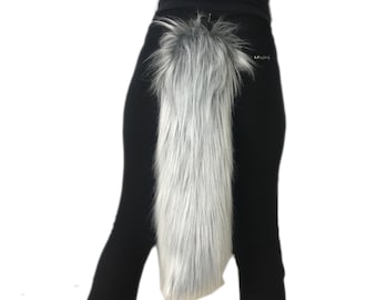 Gray Frost Luxury Faux Fur Animal Cosplay Tail, Grey Anime Rave Costume Gear Furry Fuzzy Accessory