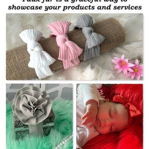 May include: Three different colors of fabric headbands with bows. The headbands are on a burlap background. A baby is sleeping on a red faux fur blanket wearing a red headband with a bow.