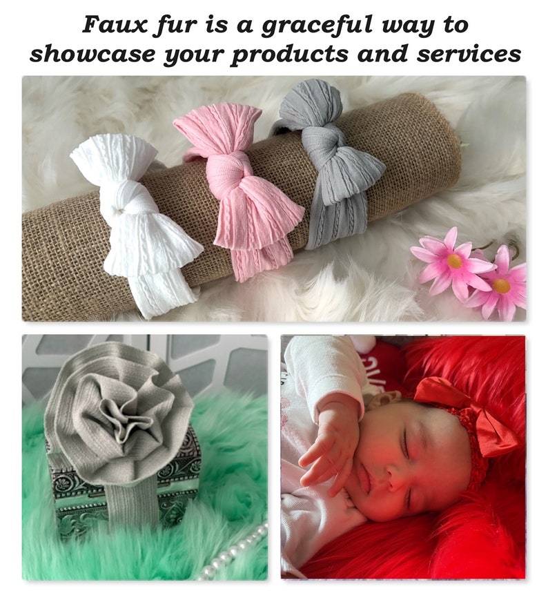 May include: Three different colors of fabric headbands with bows. The headbands are on a burlap background. A baby is sleeping on a red faux fur blanket wearing a red headband with a bow.