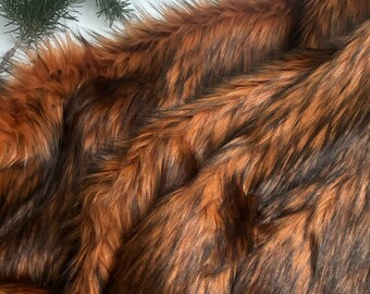 Bianna Realistic Animal Long Pile Faux Fur Fabric, Reddish Black, Mane Red Wolf, for Crafts Cosplay Costume Coat Jacket Shawl