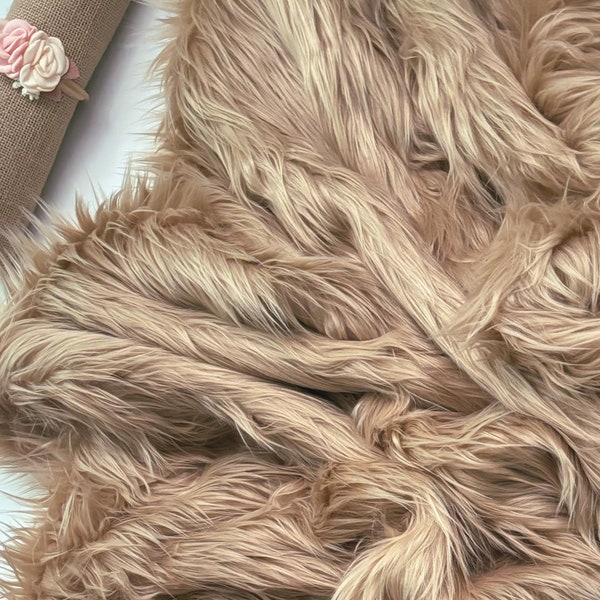 Bianna by the yard PEANUTBUTTER LIGHT BROWN Long Pile Faux Fur Fabric Shag Shaggy Material in Squares for Crafts Cosplay