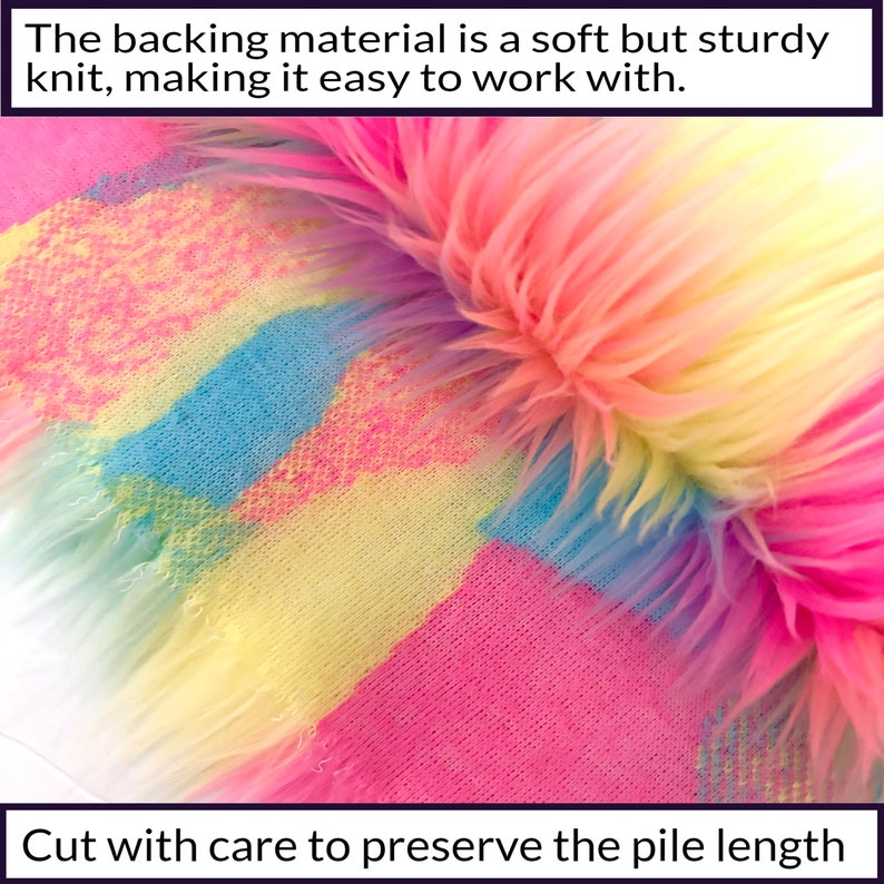 May include: Close-up of a multi-colored faux fur fabric with a knit backing. The backing is a soft but sturdy knit, making it easy to work with. The text "Cut with care to preserve the pile length" is visible at the bottom of the image.