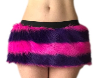 Bianna Cheshire Cat Skirt, Striped  Faux Fur Rave Costume Accessory, Purple and Hot Pink or Blue and Gray mini-skirt micro-skirt