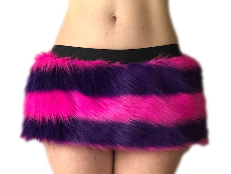 Bianna Cheshire Cat Skirt, Striped Faux Fur Rave Costume Accessory, Purple and Hot Pink or Blue and Gray mini-skirt micro-skirt image 1