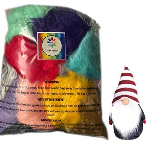 May include: A bag of colorful faux fur for crafting projects. The bag has a warning label to keep it away from babies and children. A small gnome figurine with a red and white striped hat is also pictured.