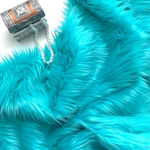 Bianna TEAL BLUE TURQUOISE Mohair Long Pile Faux Fur Fabric, Solid color, Material for crafts, Squares for Crafts, Fursuit