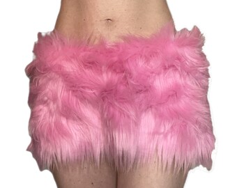 Bianna Cute Barbie Bubblegum Pink Furry Skirt, Mardi Gras Costume Faux Fur Animal Dress Up Rave Fuzzy Halloween Carnival Carnevale