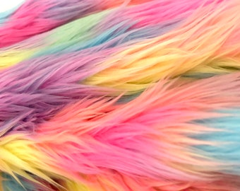 Bianna Quality RAINBOW PATCH Long Pile Faux Fur Fabric, Shag Shaggy Material in Pieces Squares for Crafts Fursuit Cosplay