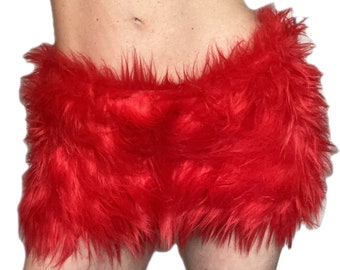 Bianna Cute Fire Red Furry Mini Skirt MANY COLORS, Mardi Gras Costume Faux Fur Animal Dress Up Rave Fuzzy Halloween Carnival Carnevale