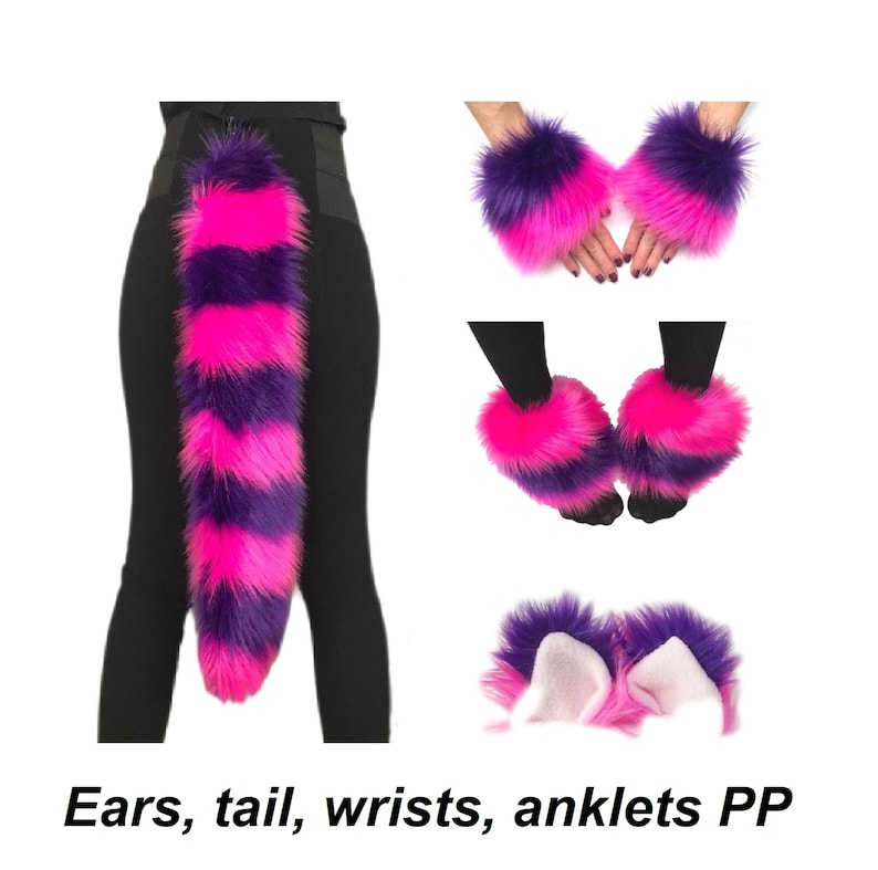 Cheshire Cat Costume, Ears Tail Wrists Anklets or Legs Set, Luxury Quality Faux Fur, Cosplay Combo Male Female Kids image 4