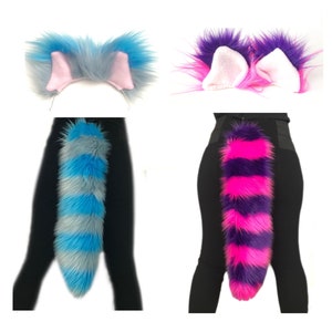 Cheshire Cat Costume, Ears Tail Wrists Anklets or Legs Set, Luxury Quality Faux Fur, Cosplay Combo Male Female Kids