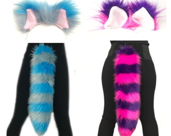 Cheshire Cat Costume, Ears Tail Wrists Anklets or Legs Set, Luxury Quality Faux Fur, Cosplay Combo Male Female Kids