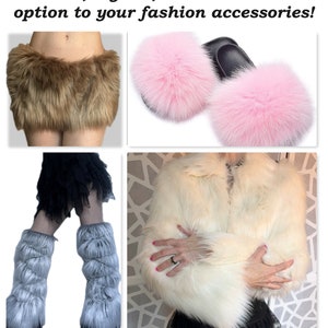 May include: A set of three faux fur accessories: a brown fur skirt, a pair of pink fur slides, and a white fur jacket.
