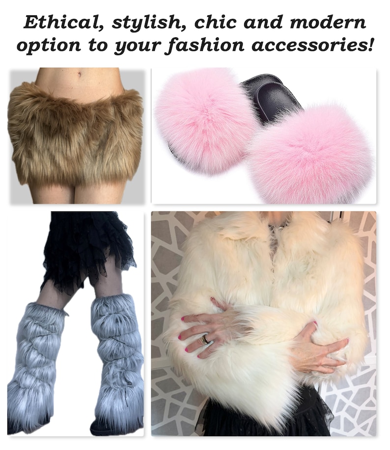 May include: A set of three faux fur accessories: a brown fur skirt, a pair of pink fur slides, and a white fur jacket.