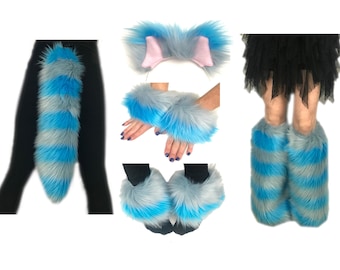 Bianna Creations Cheshire Cat Blue Gray Costume Accessories, Ears Tail Wrist Ankle Cuffs or Leg Warmers, Fluffies, Halloween, Party,