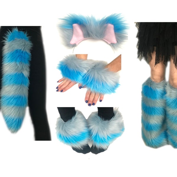 Bianna Creations Cheshire Cat Blue Gray Costume Accessories, Ears Tail Wrist Ankle Cuffs or Leg Warmers, Fluffies, Halloween, Party,