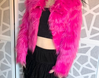BIANNA Cute Furry  Hot Pink Jacket, Long Sleeve Fake Artificial Long Fur Dress Up Bride Party Rave Furry Shrug Bolero Short Coat