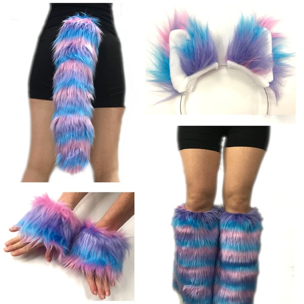 Bianna tricolore pour enfants et adultes, poignets et couvre-bottes avec oreilles et queue, fausse fourrure, costume de licorne animale pour animal de compagnie, peluches duveteuses