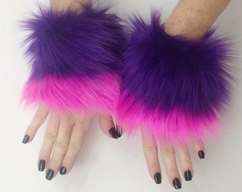 Bianna Cheshire Cat Costume Wrist or Ankle Cuffs, For Kids Adults, Hot Pink Purple Blue Gray Hand Foot Warmers, Faux Fur Fluffies, Costume