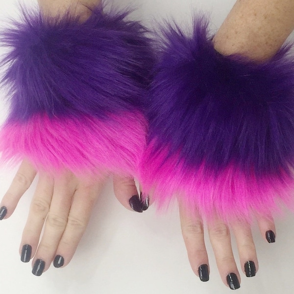 Bianna Cheshire Cat Costume Wrist or Ankle Cuffs, For Kids Adults, Hot Pink Purple Blue Gray Hand Foot Warmers, Faux Fur Fluffies, Costume