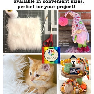 May include: A collage of images featuring faux fur fabric in white. The fabric is shown on a cutting mat with a pair of scissors and a craft knife. The fabric is also shown being used in a craft project, with a gnome made from the fabric. The fabric is also shown being used in a craft project, with a tiered tray decorated with orange slices and gnomes. The fabric is also shown being used in a craft project, with a kitten playing on a white faux fur rug.