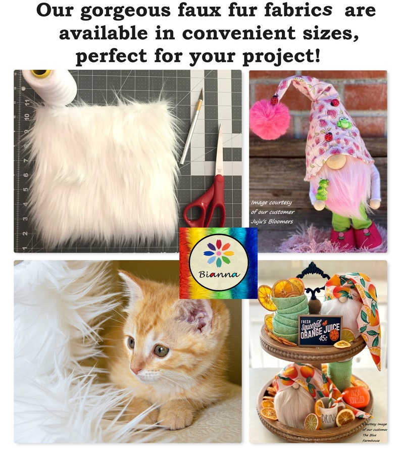 May include: A collage of images featuring faux fur fabric in white. The fabric is shown on a cutting mat with a pair of scissors and a craft knife. The fabric is also shown being used in a craft project, with a gnome made from the fabric. The fabric is also shown being used in a craft project, with a tiered tray decorated with orange slices and gnomes. The fabric is also shown being used in a craft project, with a kitten playing on a white faux fur rug.