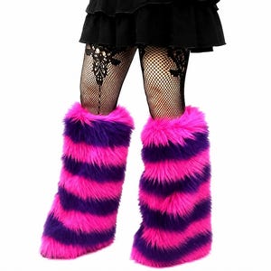 Bianna Cheshire Cat Leg Warmers, For Kids and Adults, Hot Pink Purple Striped Boot Covers, Soft Faux Fur Fluffies, Costume Accessory