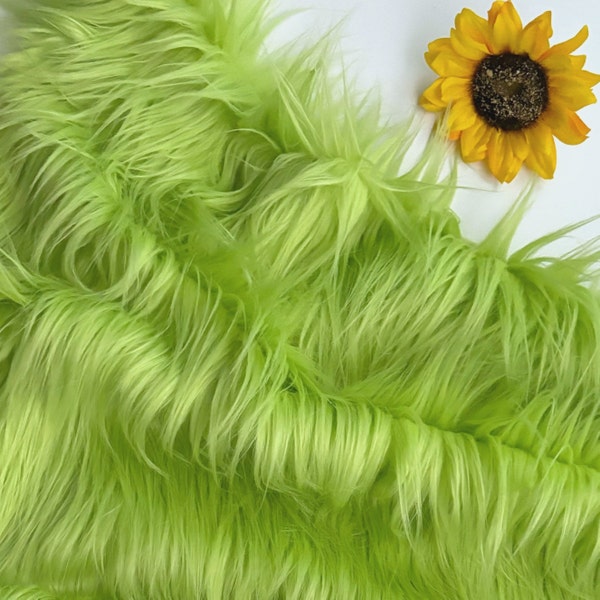Bianna LIME GREEN 2.5" Long Pile Faux Fur Fabric, Shag Shaggy Material in Pieces, Squares for Crafts, Fursuit