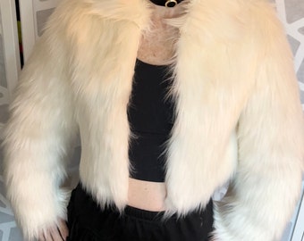 BIANNA Cute Furry Ivory Jacket, Long Sleeve Fake Artificial Long Fur Dress Up Bride Party Rave Furry Shrug Bolero Short Coat