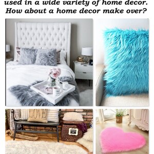 May include: A collage of images showcasing faux fur home decor. The first image shows a white tufted headboard with gray faux fur pillows and a gray faux fur rug. The second image shows a blue faux fur throw pillow. The third image shows a white faux fur rug in a long rectangular shape and a pink heart-shaped faux fur rug. The text "LOVE" is visible on a pillow in the third image.