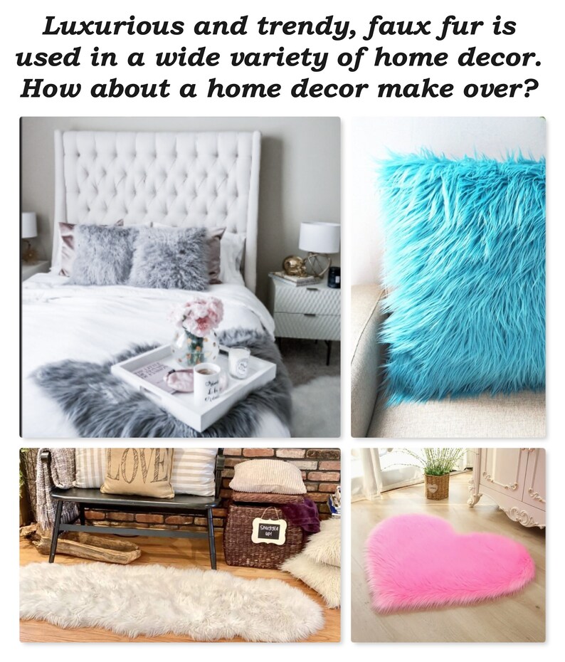 May include: A collage of images showcasing faux fur home decor. The first image shows a white tufted headboard with gray faux fur pillows and a gray faux fur rug. The second image shows a blue faux fur throw pillow. The third image shows a white faux fur rug in a long rectangular shape and a pink heart-shaped faux fur rug. The text "LOVE" is visible on a pillow in the third image.