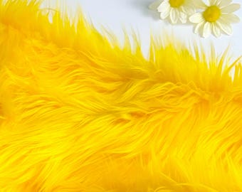 Bianna BRIGHT SUNNY YELLOW Shag Long Pile Faux Fur Fabric, Solid color, Material for crafts, Squares for Crafts, Fursuit
