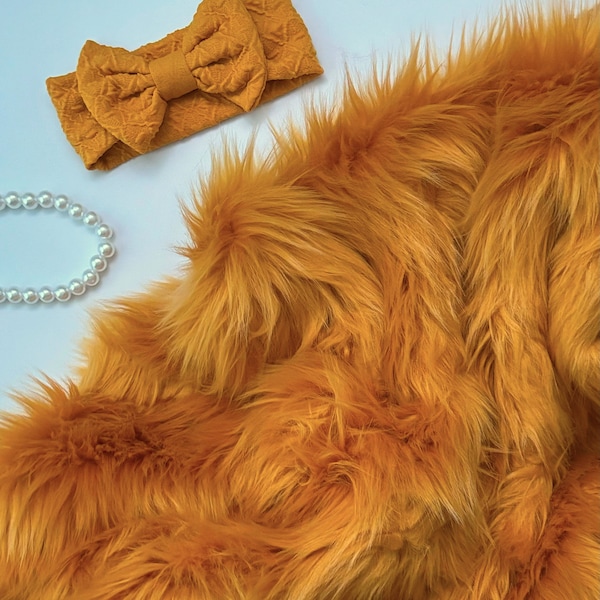 Bianna GOLD MUSTARD Long Pile Faux Fur Fabric, Shag Shaggy in Pieces, Squares for Crafts Fursuit Cosplay Halloween Costumes