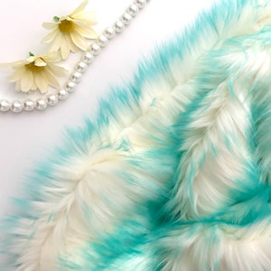 Bianna CANDY ARUBA BLUE Long Pile Faux Fur Fabric, White Pale Pastel High Quality Shag Shaggy Material Squares for Crafts