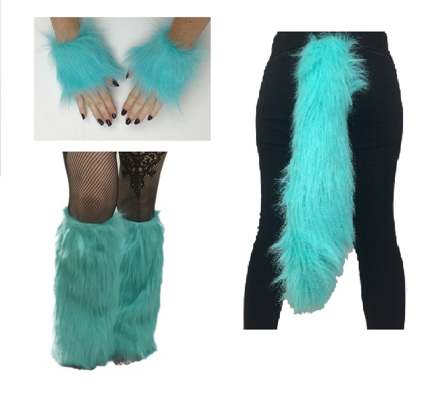 PICK YOUR COLOR! Kids and Adults Animal Costume Combo, Tail Wrist Cuffs and Boot Covers, Luxury Faux Fur, Set Fluffies
