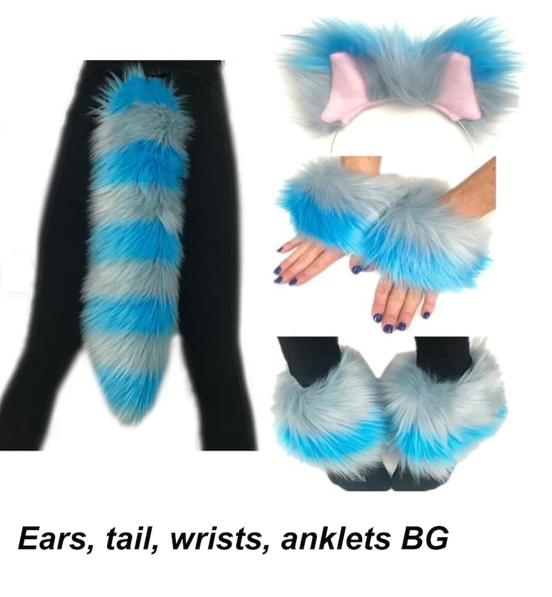 Cheshire Cat Costume, Ears Tail Wrists Anklets or Legs Set, Luxury Quality Faux Fur, Cosplay Combo Male Female Kids image 3