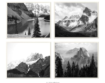 Photos de montagnes à télécharger, photos en noir et blanc imprimables, téléchargement de paysages - lot de 4 impressions - art mural salon, chambre familiale, bureau