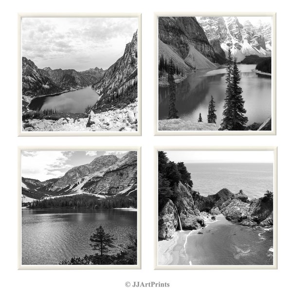 Square black and white landscape photos download, mountains, lake, ocean photography - set of 4 printable photos for home, office decor