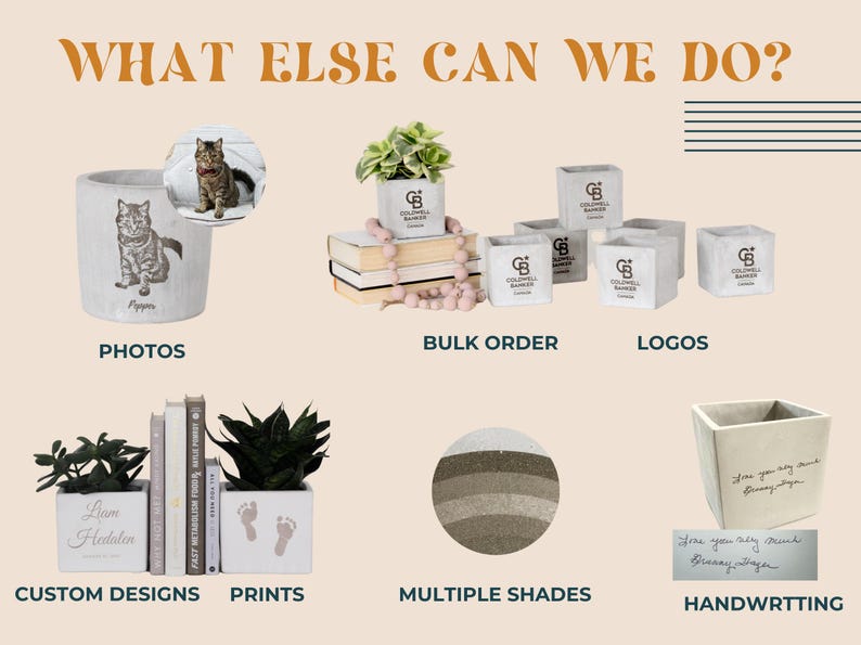 The image is a collage of various items, including a cat mug, potted plants, books, and other decorative objects.