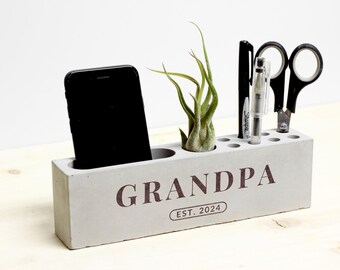 Personalized Grandpa EST Concrete Desk Organizer | Father's Day Gift | New Grandparents Gift | Custom Engraved Cement Docking Station
