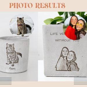 The image is a collage of three photos: one of a cat, one of two women posing for a photo, and one of a plant. The cat photo is in a white ceramic mug with a cat illustration, the two women photo is in a concrete planter with a drawing of two women, and the plant photo is in a concrete planter with a drawing of a plant.