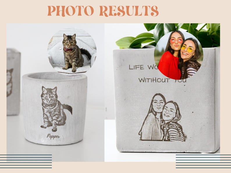 The image is a collage of three photos: one of a cat, one of two women posing for a photo, and one of a plant. The cat photo is in a white ceramic mug with a cat illustration, the two women photo is in a concrete planter with a drawing of two women, and the plant photo is in a concrete planter with a drawing of a plant.