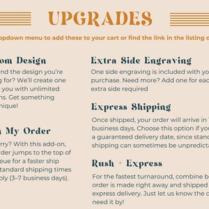 a list of upgrades for a cart, including custom design, extra side engraving, express shipping, and rush My Order. The text provides information about these upgrades and their respective prices, as well as the shipping options available.