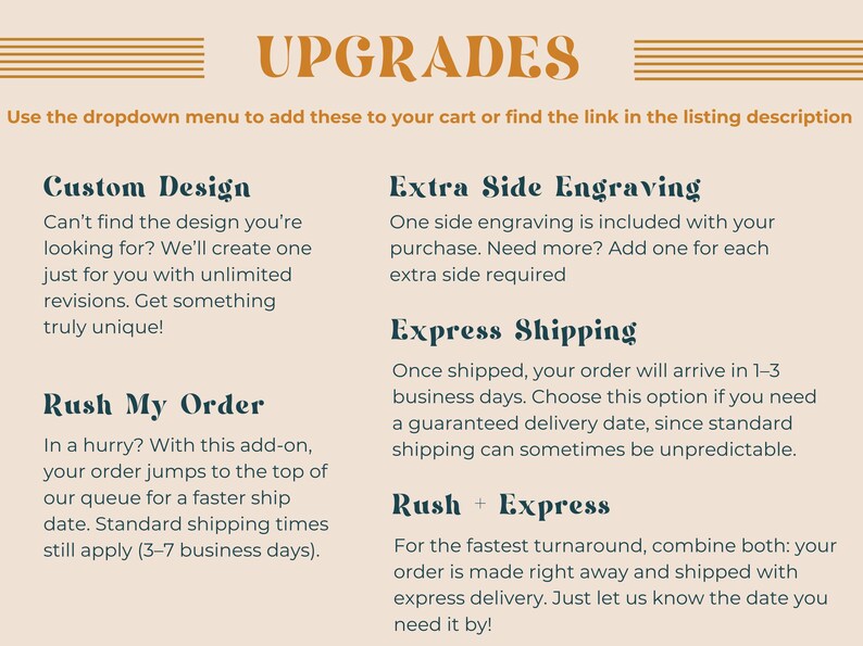 a list of upgrades for a cart, including custom design, extra side engraving, express shipping, and rush My Order. The text provides information about these upgrades and their respective prices, as well as the shipping options available.